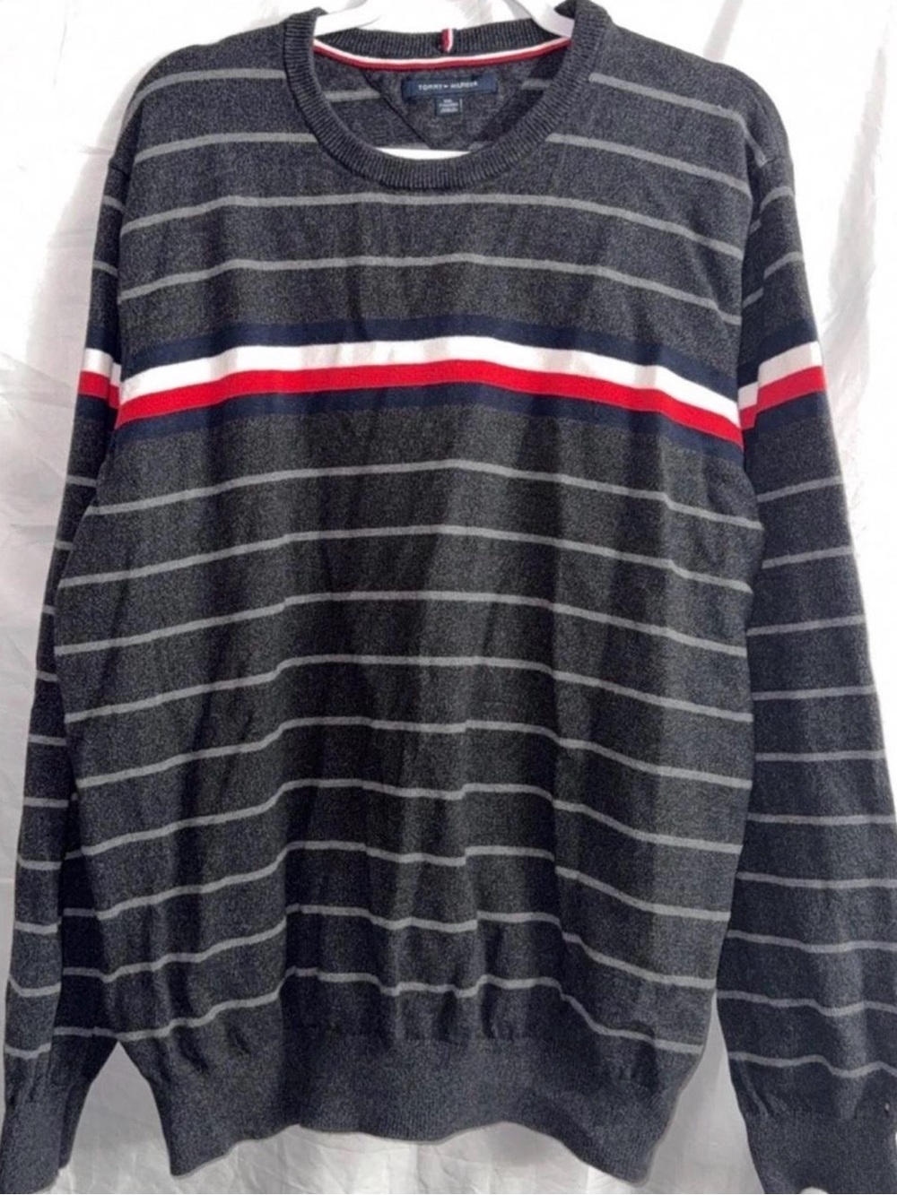 Tommy Hilfiger Black Crewneck Sweater with Red, White & Navy Stripe